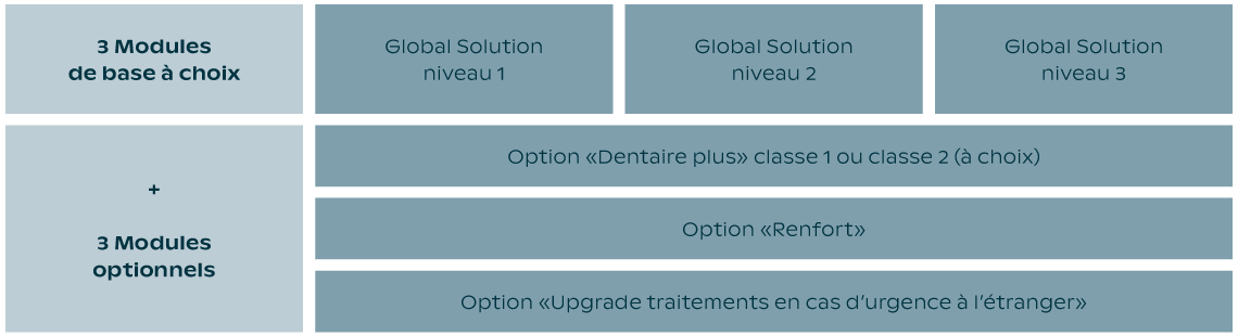 Global Solution: assurance-maladie complémentaire avec 3 niveaux de base et trois modules optionnels pour vos collaborateurs.